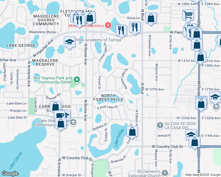 map of restaurants, bars, coffee shops, grocery stores, and more near 12702 Summit Street in Tampa