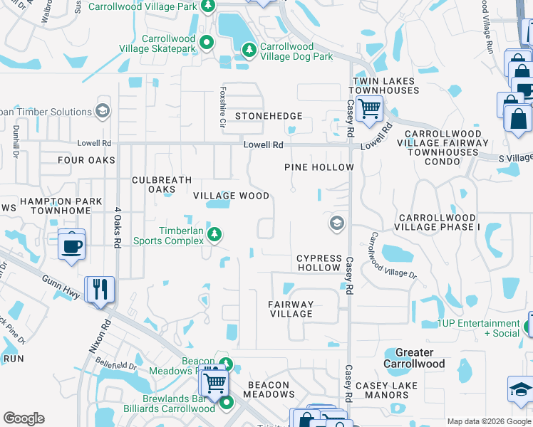 map of restaurants, bars, coffee shops, grocery stores, and more near 12807 Darby Ridge Drive in Tampa