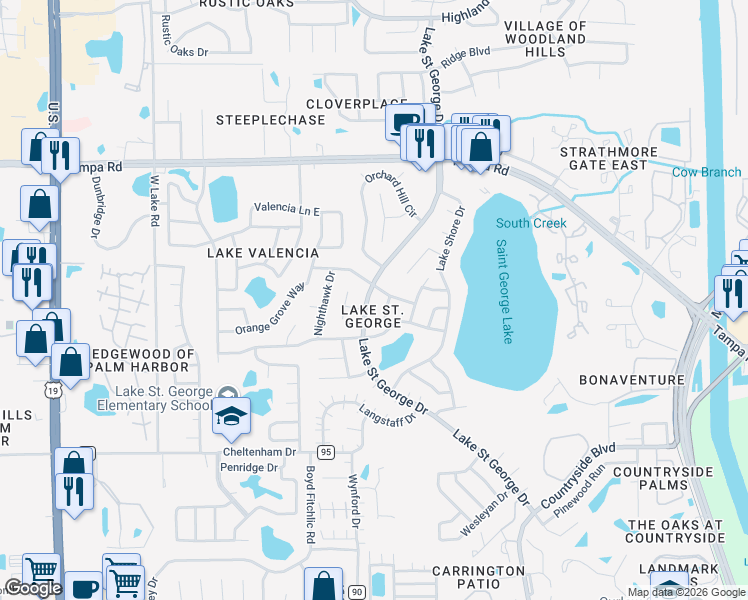 map of restaurants, bars, coffee shops, grocery stores, and more near 3856 Green Dolphin Drive in Palm Harbor