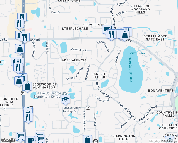 map of restaurants, bars, coffee shops, grocery stores, and more near 3860 Berkshire Court in Palm Harbor