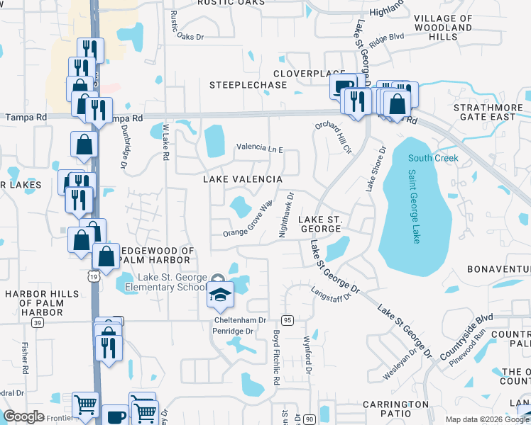 map of restaurants, bars, coffee shops, grocery stores, and more near 2673 Waverly Court in Palm Harbor