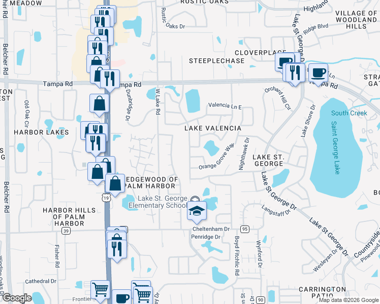 map of restaurants, bars, coffee shops, grocery stores, and more near 4701 Lake Valencia Boulevard West in Palm Harbor