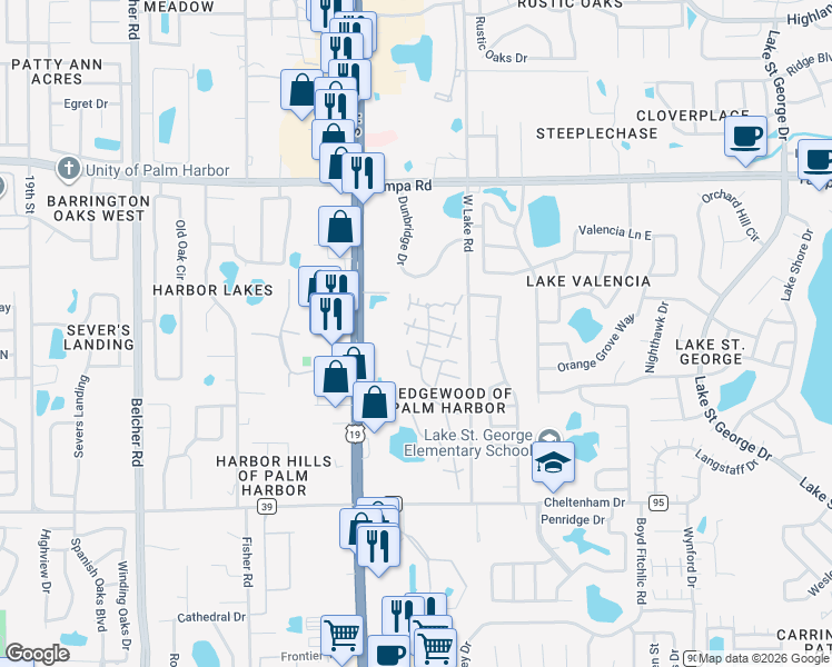 map of restaurants, bars, coffee shops, grocery stores, and more near 2614 10th Court in Palm Harbor