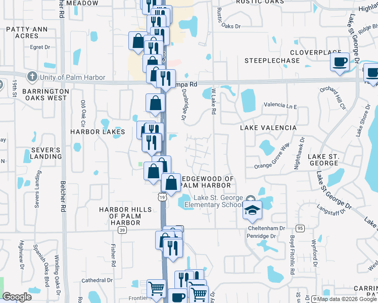 map of restaurants, bars, coffee shops, grocery stores, and more near 2614 10th Court in Palm Harbor