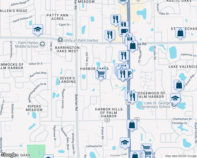 map of restaurants, bars, coffee shops, grocery stores, and more near 492 Willow Lane in Palm Harbor