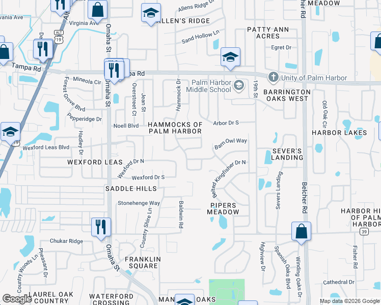 map of restaurants, bars, coffee shops, grocery stores, and more near 1687 Spottswood Circle in Palm Harbor