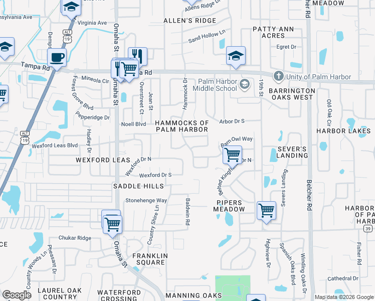 map of restaurants, bars, coffee shops, grocery stores, and more near 491 Hammock Drive in Palm Harbor