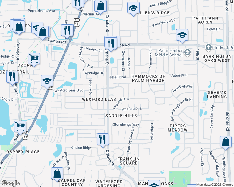 map of restaurants, bars, coffee shops, grocery stores, and more near 50 Pembrook Circle in Palm Harbor