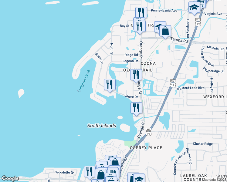 map of restaurants, bars, coffee shops, grocery stores, and more near 139 Shore Drive in Palm Harbor