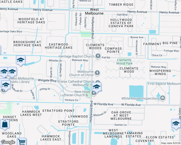 map of restaurants, bars, coffee shops, grocery stores, and more near 810 Hollywood Boulevard in Melbourne