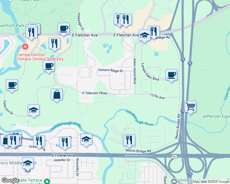 map of restaurants, bars, coffee shops, grocery stores, and more near 12943 Terrace Springs Drive in Temple Terrace