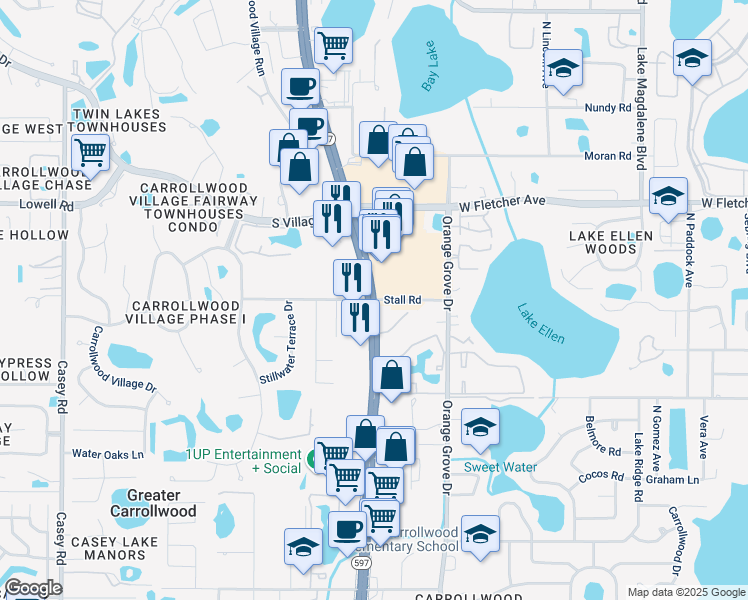 map of restaurants, bars, coffee shops, grocery stores, and more near Dale Mabry Hwy & Stall Rd in Tampa