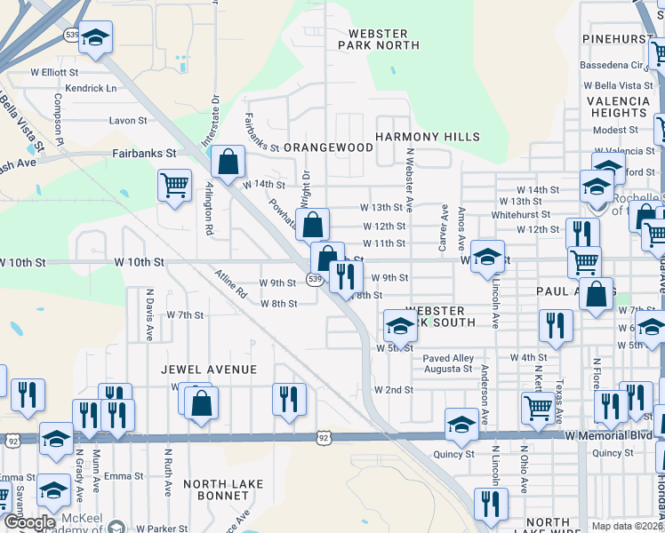map of restaurants, bars, coffee shops, grocery stores, and more near 1146 West 10th Street in Lakeland