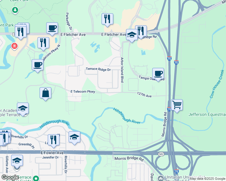 map of restaurants, bars, coffee shops, grocery stores, and more near 13011 Terrace Springs Drive in Tampa