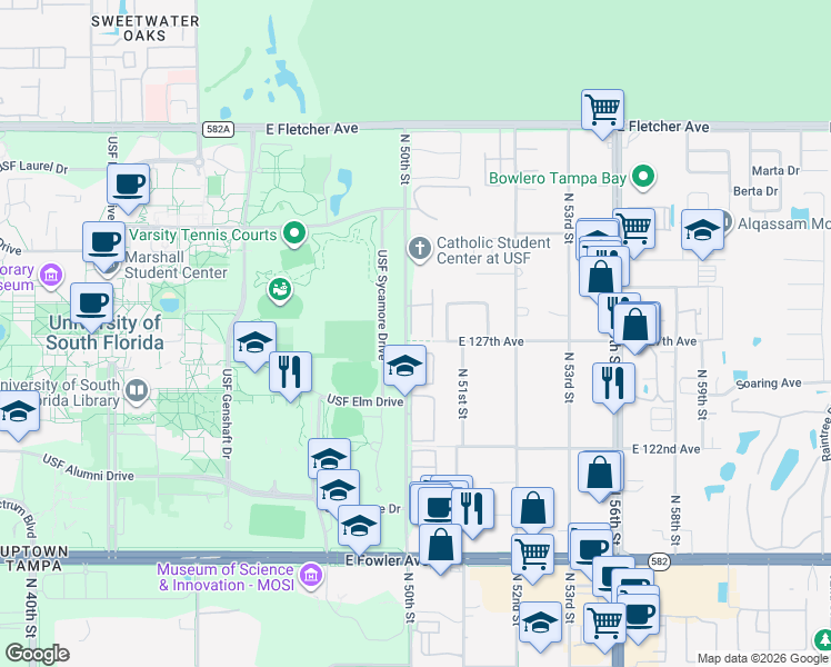 map of restaurants, bars, coffee shops, grocery stores, and more near 5039 Bordeaux Village Place in Tampa