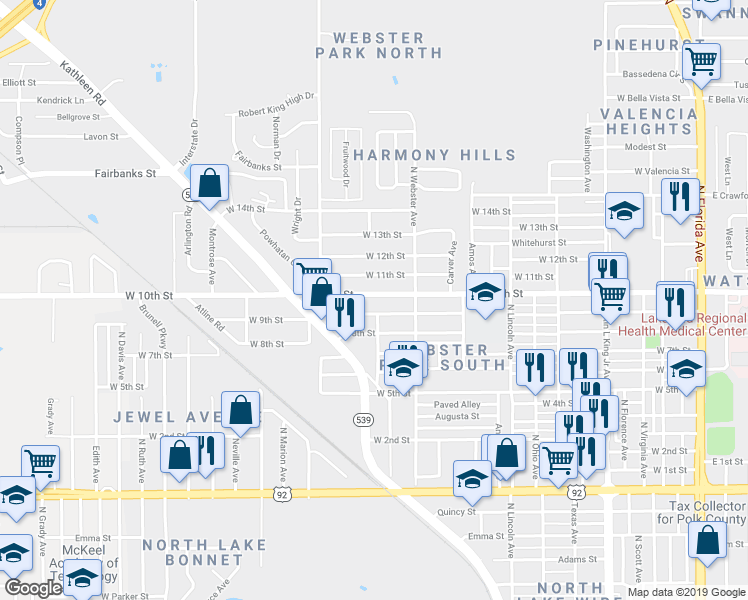 map of restaurants, bars, coffee shops, grocery stores, and more near 1042 West 10th Street in Lakeland