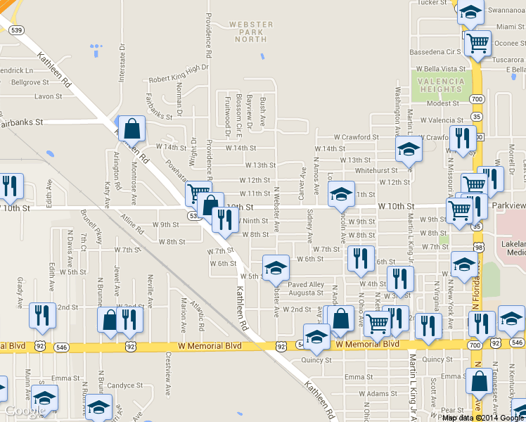 map of restaurants, bars, coffee shops, grocery stores, and more near 1022 W 10th St in Lakeland