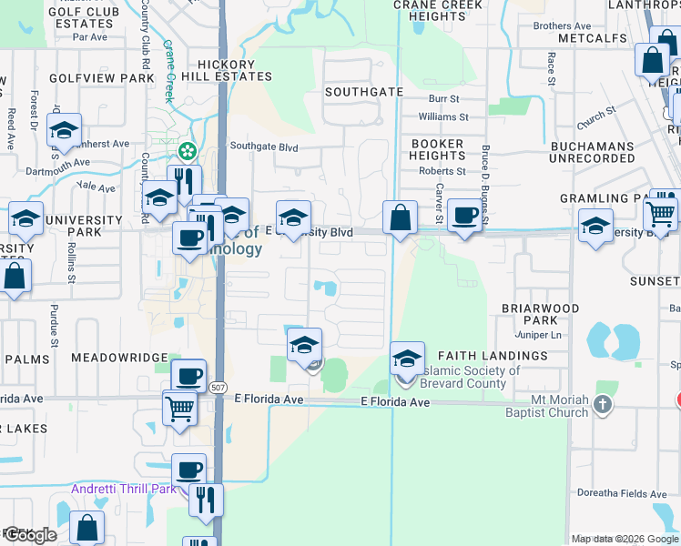 map of restaurants, bars, coffee shops, grocery stores, and more near 3001 North Huntington Avenue in Melbourne