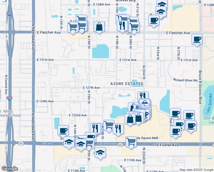 map of restaurants, bars, coffee shops, grocery stores, and more near 1702 East 127th Avenue in Tampa