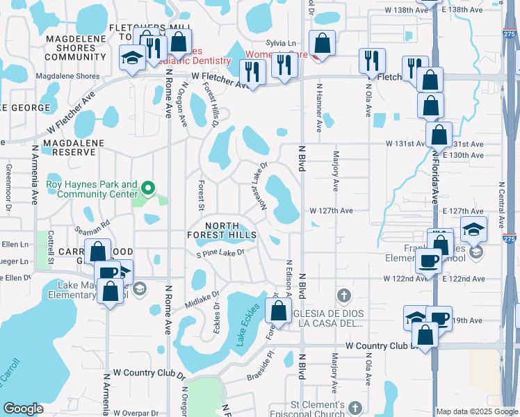 map of restaurants, bars, coffee shops, grocery stores, and more near 12310 Noreast Lake Drive in Tampa