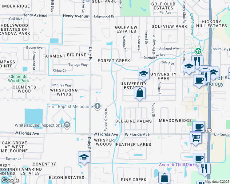 map of restaurants, bars, coffee shops, grocery stores, and more near 3123 Forest Creek Drive in Melbourne