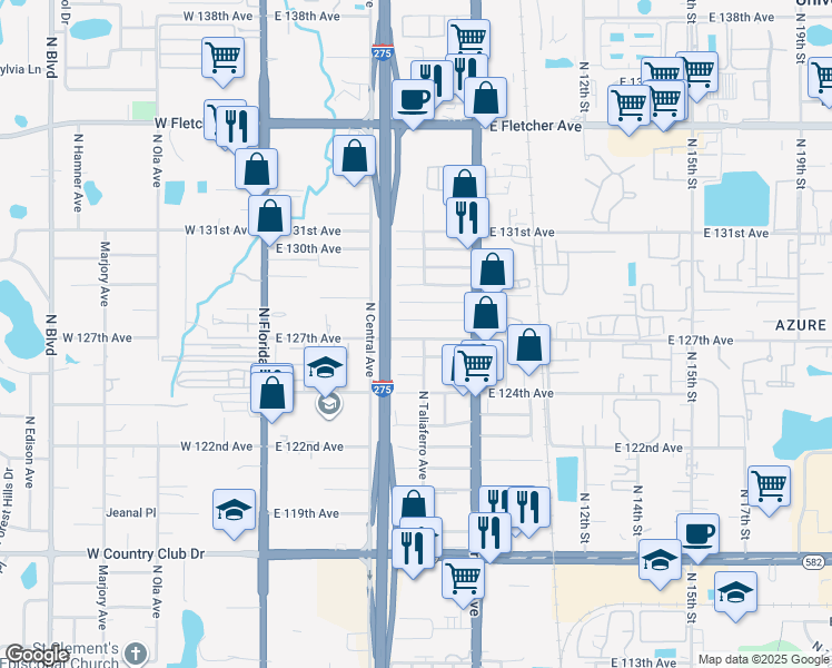 map of restaurants, bars, coffee shops, grocery stores, and more near 710 East 127th Avenue in Tampa