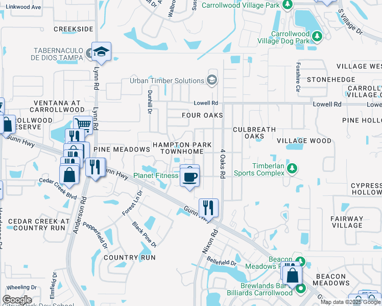 map of restaurants, bars, coffee shops, grocery stores, and more near 12608 Castle Hill Drive in Tampa