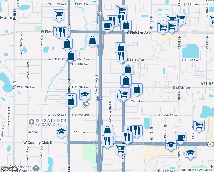 map of restaurants, bars, coffee shops, grocery stores, and more near 710 East 127th Avenue in Tampa