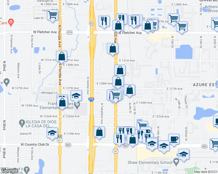 map of restaurants, bars, coffee shops, grocery stores, and more near 812 East 127th Avenue in Tampa