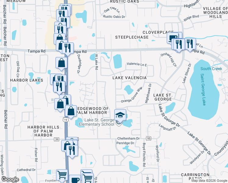 map of restaurants, bars, coffee shops, grocery stores, and more near 4733 Lake Valencia Boulevard West in Palm Harbor