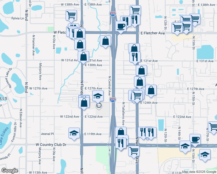map of restaurants, bars, coffee shops, grocery stores, and more near 326 East 127th Avenue in Tampa