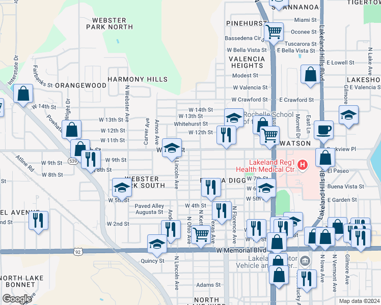 map of restaurants, bars, coffee shops, grocery stores, and more near 700 West 10th Street in Lakeland