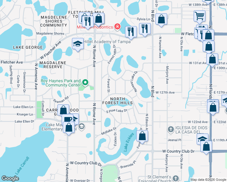 map of restaurants, bars, coffee shops, grocery stores, and more near 12704 Forest Hills Drive in Tampa