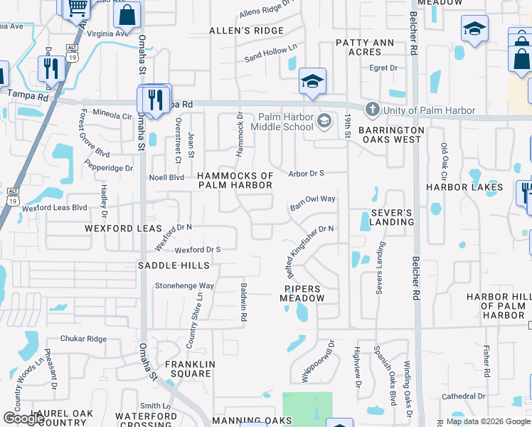 map of restaurants, bars, coffee shops, grocery stores, and more near 1687 Spottswood Circle in Palm Harbor
