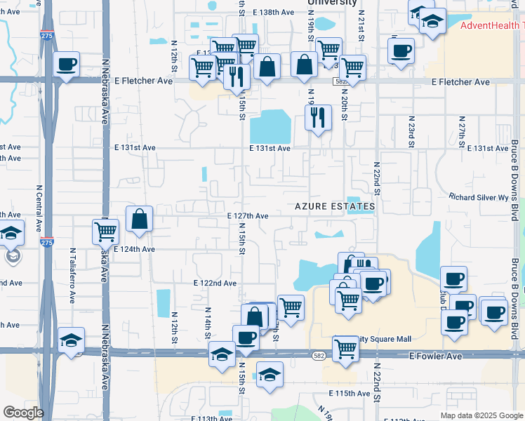 map of restaurants, bars, coffee shops, grocery stores, and more near 1514 East 127th Avenue in Tampa