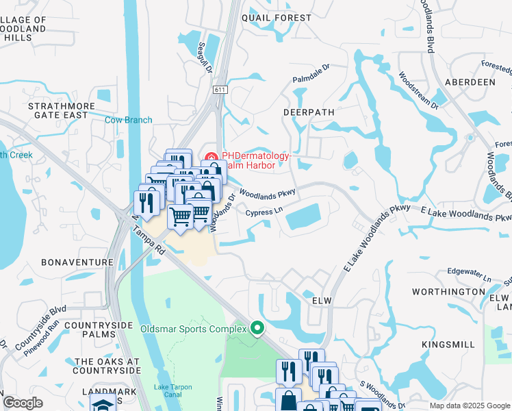 map of restaurants, bars, coffee shops, grocery stores, and more near 118 Cypress Lane in Oldsmar