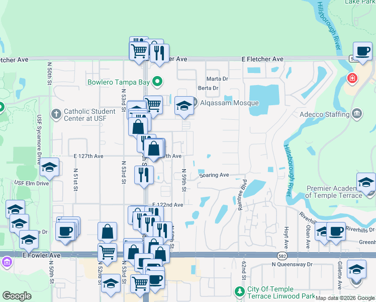 map of restaurants, bars, coffee shops, grocery stores, and more near 12709 Real Madrid Lane in Tampa