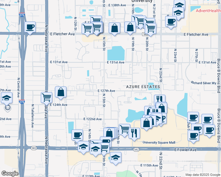 map of restaurants, bars, coffee shops, grocery stores, and more near 1514 East 127th Avenue in Tampa