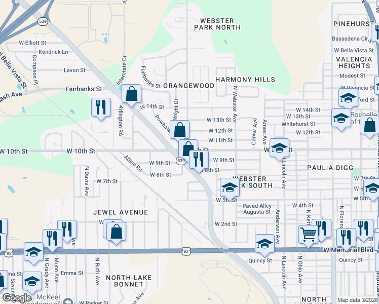 map of restaurants, bars, coffee shops, grocery stores, and more near 1146 West 10th Street in Lakeland
