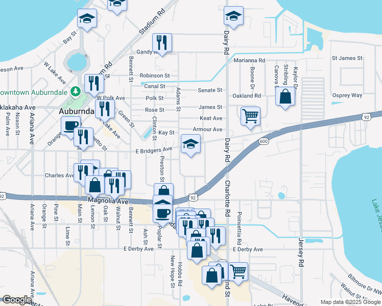 map of restaurants, bars, coffee shops, grocery stores, and more near 300 East Bridgers Avenue in Auburndale
