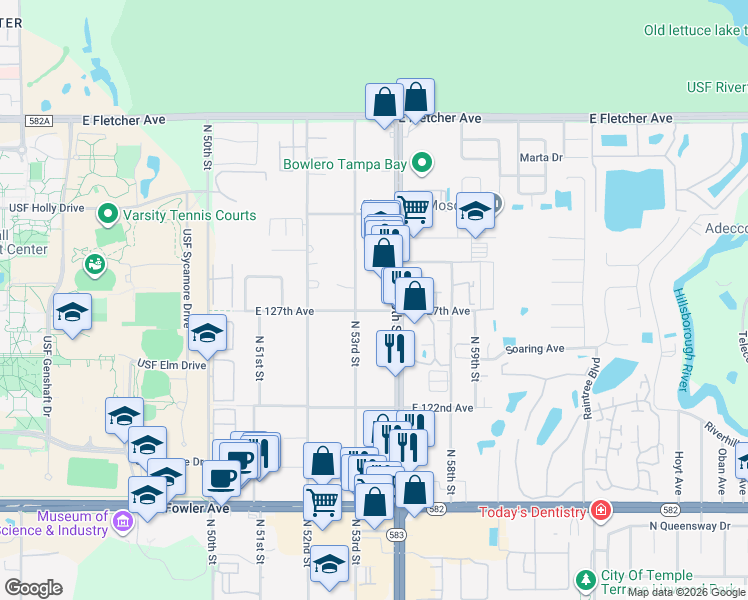 map of restaurants, bars, coffee shops, grocery stores, and more near 5306 East 127th Avenue in Tampa