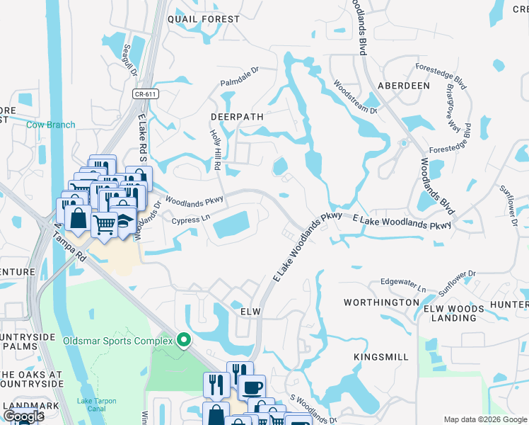 map of restaurants, bars, coffee shops, grocery stores, and more near 80 Woodlake Place in Oldsmar