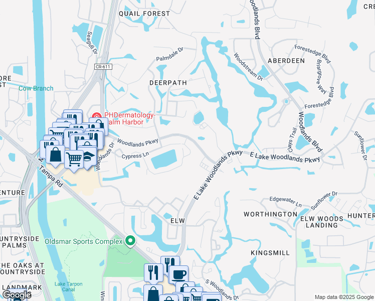 map of restaurants, bars, coffee shops, grocery stores, and more near 80 Woodlake Place in Oldsmar