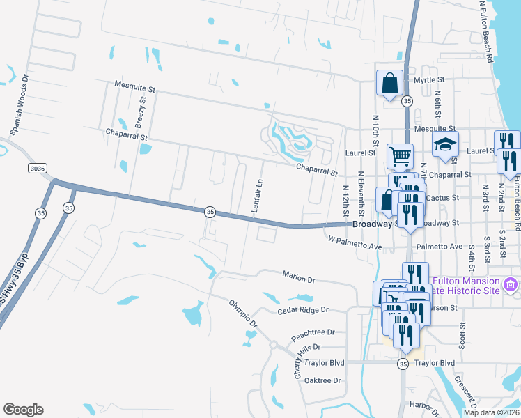 map of restaurants, bars, coffee shops, grocery stores, and more near 106 Lanfair Lane in Fulton