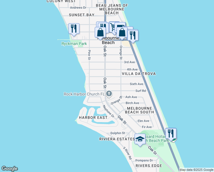 map of restaurants, bars, coffee shops, grocery stores, and more near 323 6th Avenue in Melbourne Beach