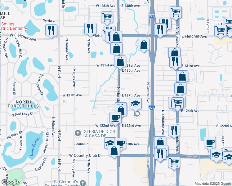 map of restaurants, bars, coffee shops, grocery stores, and more near 102 Curiosity Creek Lane in Tampa
