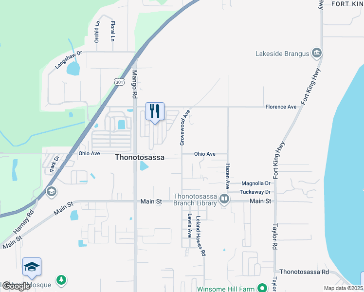 map of restaurants, bars, coffee shops, grocery stores, and more near 12008 Grovewood Avenue in Thonotosassa