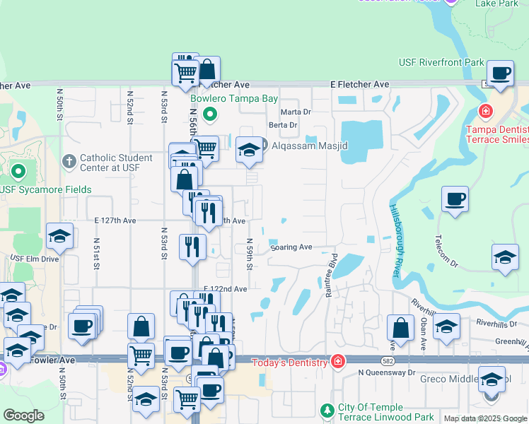 map of restaurants, bars, coffee shops, grocery stores, and more near 6068 Gibson Avenue in Tampa
