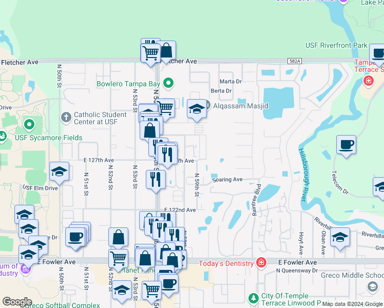 map of restaurants, bars, coffee shops, grocery stores, and more near 12701 English Hills Court in Tampa