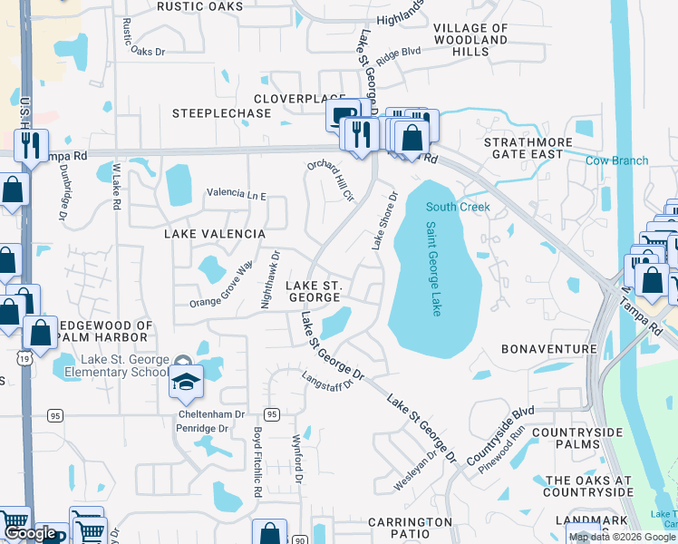 map of restaurants, bars, coffee shops, grocery stores, and more near 2809 Northcote Drive in Palm Harbor